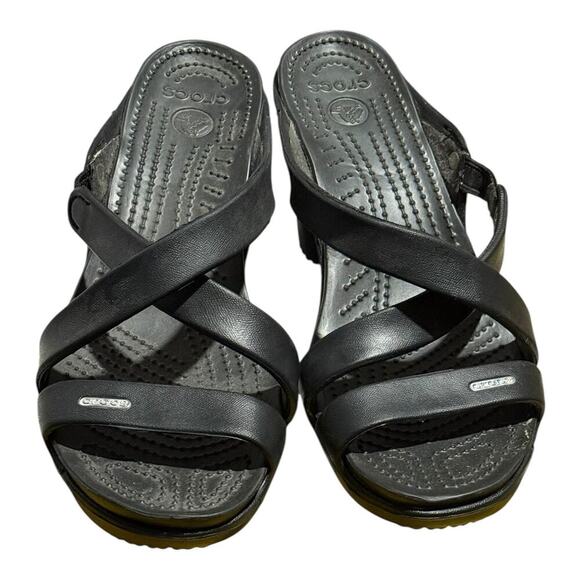 Crocs Patricia Wedge Sandals Black Women's Size 10 Comfort Slip On Shoes - Picture 3 of 9